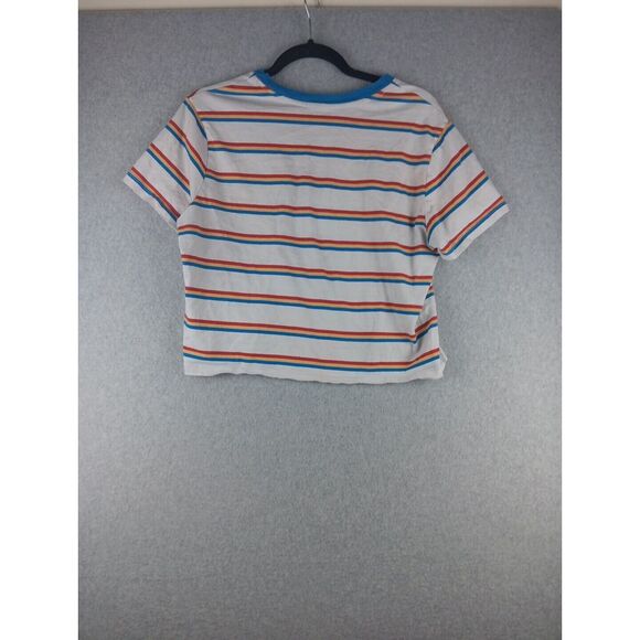 VANS Women's Boxy Striped Cropped T-shirt Red Yellow  Blue White Size L Vtg Logo - Picture 9 of 11